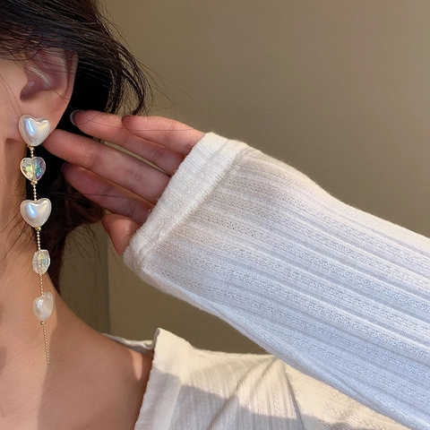 Heart Shaped Dangle Earrings Alloy Artificial Pearl Crystal Long Tassel Vintage Fashion Jewelry Women With 925 Sterling Silver Earring Post