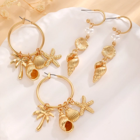 Orecchini a Cerchio Pendenti Serie Ocean Stella Marina Conchiglia Perla Artificiale Gioielli Moda Spiaggia Vacanza per Donna Lega