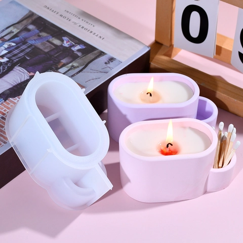 Molde De Silicona Ovalado Con Soporte Para Cerillas Para Resina Yeso Frasco De Vela Y Caja De Almacenamiento