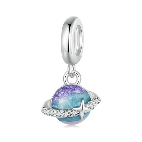 Charm Pianeta in Argento Sterling 925 Pendente in Smalto Blu Viola Con Zirconia per Bracciale Collana Gioielli Donna