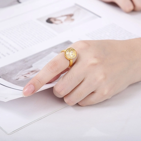 Camellia Flower Ring Stainless Steel Hollow Rose Design With White Stone Elegant Fashion Jewelry For Women