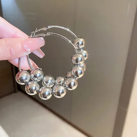 Orecchini A Cerchio Oversize Con Perline Metalliche Scorrevoli Lega Con Perno In Argento Sterling 925 Gioielli Di Moda