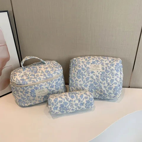 Borsa Per Cosmetici In Cotone Trapuntato Stampa Floreale Orso Grande Capacità Organizer Da Viaggio Pochette Portatile