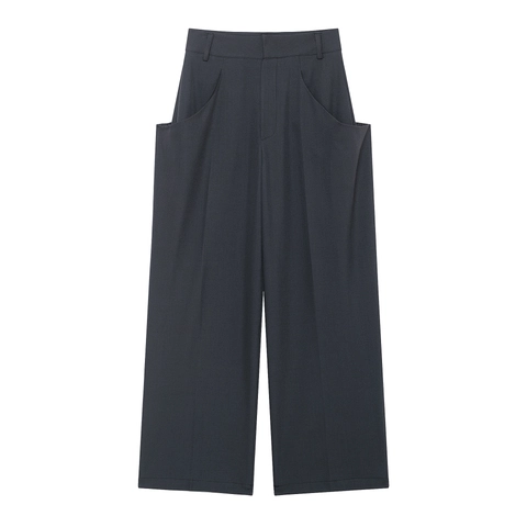Women High Waist Wide Leg Pants Polyester Solid Color Casual Trousers With Large Arc Pockets Modern Minimalist Fashion