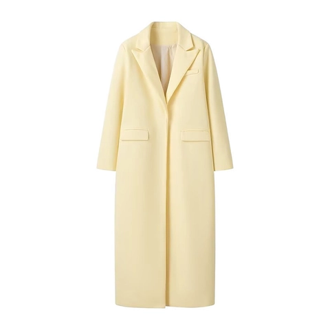Women Long Woolen Coat Loose Fit Lapel Single Breasted Solid Pale Yellow Elegant Casual Outerwear Trench Jacket