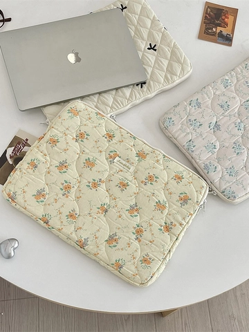 Quilted Laptop Sleeve Bag Korean Style Floral Rabbit Bow Embroidery Shockproof Protective Tablet Case For Women Students
