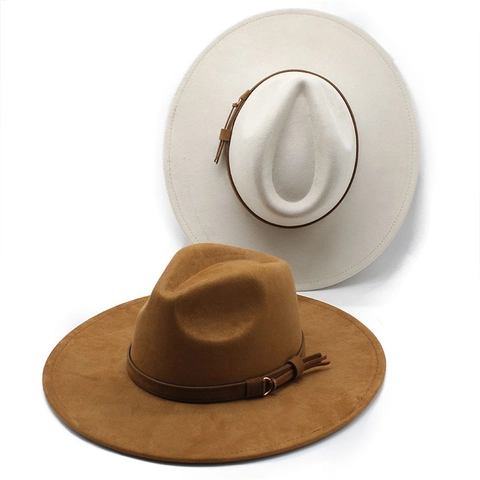 Wide Brim Fedora Hat Suede Polyester Felt Retro Western Style With Belt Buckle Men Women Unisex Adjustable