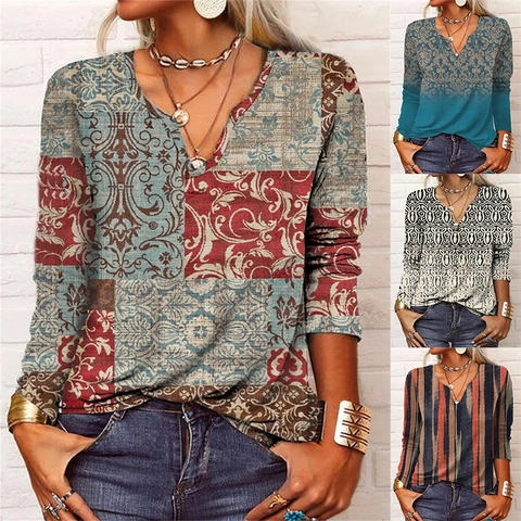 Women V-Neck Long Sleeve T-Shirt Loose Fit Bohemian Floral Print Top Casual Vintage Paisley Graphic Pullover Undergarment
