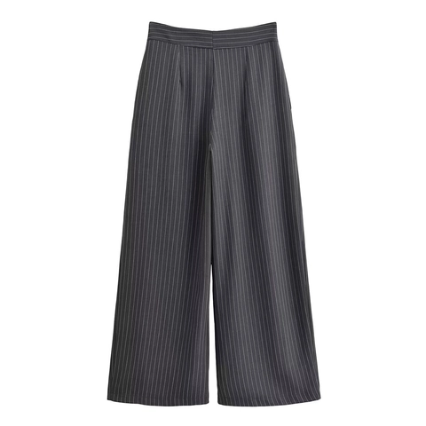 Pantalones De Pernera Ancha Con Cintura Alta Raya Diplomática Vertical Poliéster Pantalones De Oficina Profesionales