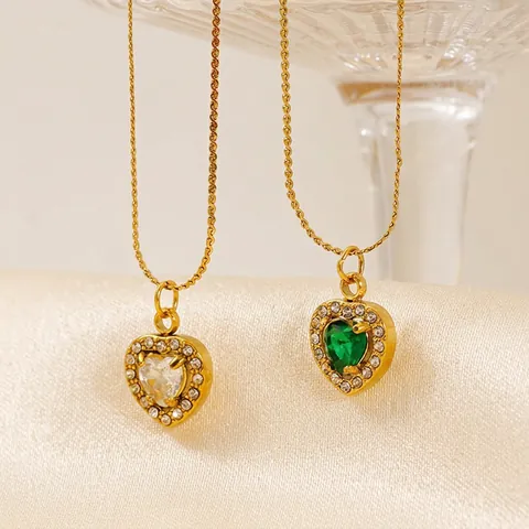 Herz Anhänger Halskette 18K Vergoldet Edelstahl Zirkonia Halo Bunter Edelstein Eleganter Schmuck Für Damen