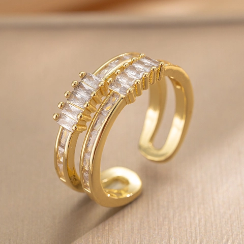 Titanium Steel Double Layer Ring Rectangular Zircon Micro Pave Adjustable Open Minimalist Jewelry For Women