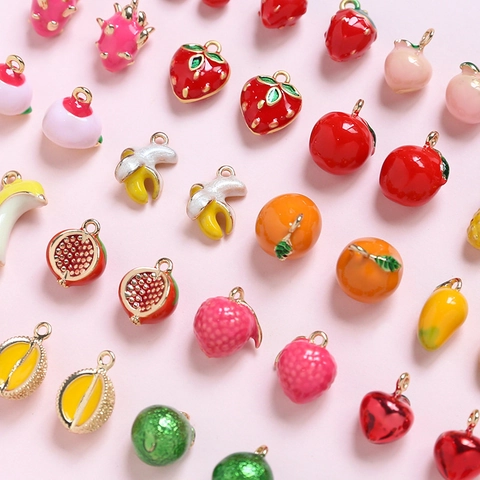 Mini Fruit Charms Pendants For DIY Jewelry Making Gold Plated Alloy Enamel Strawberry Cherry Banana For Earrings Necklaces Cute