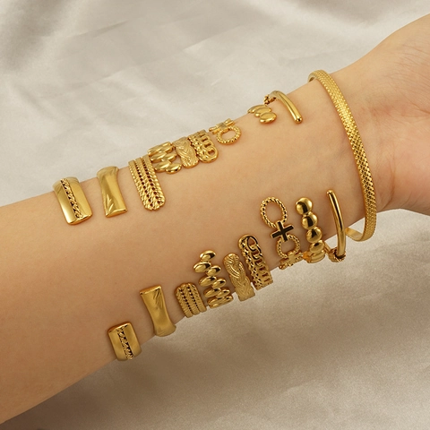 Bracelet Jonc Ouvert En Acier Inoxydable Plaqué Or 18K Rétro Géométrique Serpent Bambou Texture Bijoux Mode