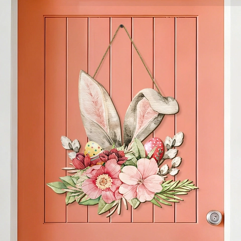Pasqua Coniglio Targa Porta In Legno Orecchie Di Coniglio Floreali Decorazione Da Appendere Con Corda Di Canapa Arredamento