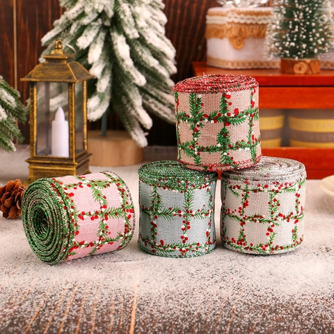 Rollo De Cinta Navideña De Lino Sintético Con Estampados De Bayas Y Pinos Para Envoltura De Regalos Y Manualidades