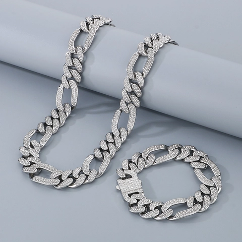 Collar Y Pulsera De Eslabones Cubanos Con Pedrería Acero Inoxidable Joyería Hip Hop Hombre
