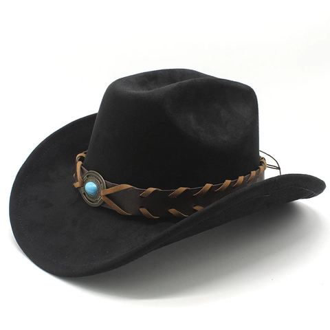 Chapeau De Cow-Boy Western En Suédine À Bord Large Fedora Rétro Avec Bandeau En Cuir Tressé Et Pierre Turquoise Pour Hommes Femmes