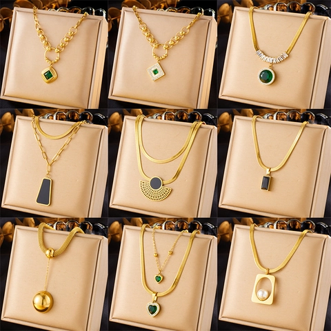 Collana In Acciaio Inossidabile Placcato Oro Per Donna Vintage Smeraldo Ciondolo A Cuore Catena A Serpente Gioielli Di Moda
