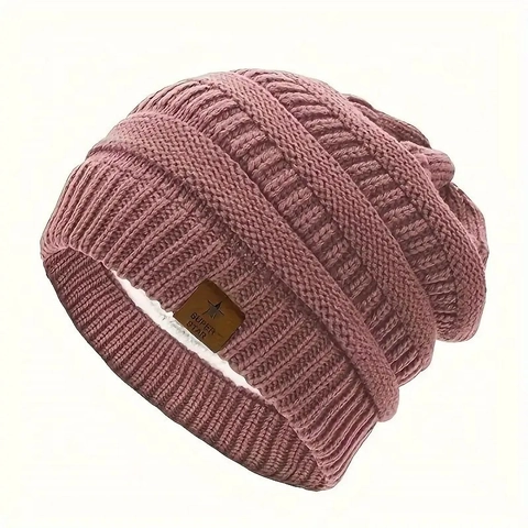 Cable Knit Beanie Fleece Lined Winter Warm Thick Hat With Star Leather Patch For Women Outdoor Casual