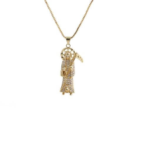 Collana Con Pendente Santa Muerte Dio Del Sole Rame Placcato Oro Micro Pavé Zircone Gioielli Religiosi Stile Hip Hop