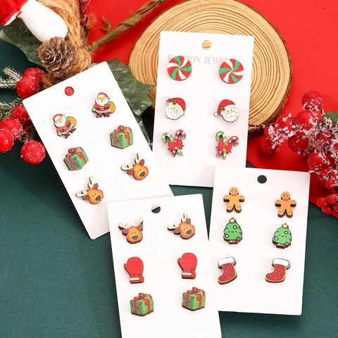 Hölzerne Weihnachts Ohrstecker Set Süß Weihnachtsmann Rentier Weihnachtsbaum Lebkuchenmann Cartoon Schmuck Geschenk