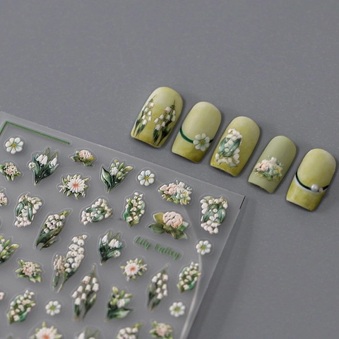 Autocollants Ongles 3D Relief Muguet Motif Floral Auto-Adhésif Décalcomanies Minces PET Manucure Décoration Élégante
