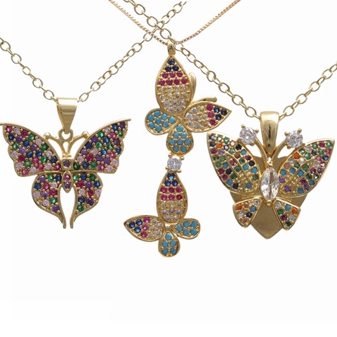 Butterfly Pendant Necklace Copper Micro Inlaid Colorful Cubic Zirconia Minimalist Jewelry Gift For Women Girls Shiny