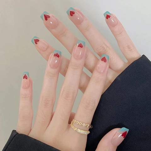 French Tip Press On Nails Nude Pink Lake Blue Red Heart Minimalist Sweet Artificial Finger Decoration For Women