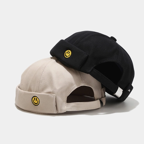Brimless Docker Hat Cotton Vintage Miki Hat Embroidery Smiley Streetwear Adjustable Retro Sailor Cap Unisex