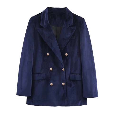 Completo Blazer In Velluto E Pantaloni A Zampa Da Donna Doppio Petto Bottoni Dorati Tinta Unita Autunno