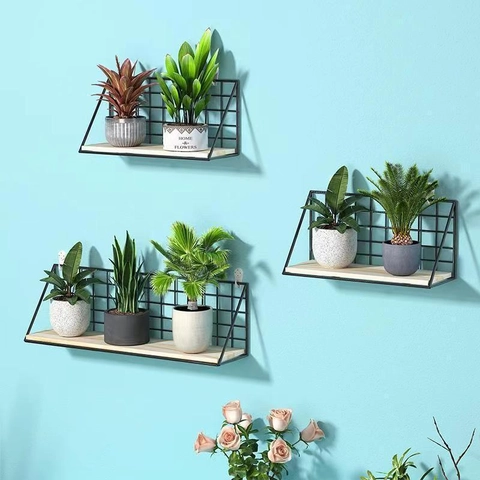 Nordic Wall Mounted Floating Shelves Iron Grid Metal Wire Storage Rack Wood Base Industrial Home Decoration Organizer