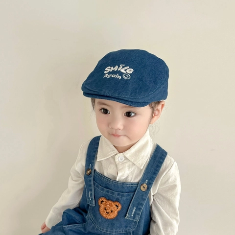 Kids Denim Beret Hat Smile Embroidery Adjustable Flat Cap Breathable Casual Sun Protection Parent Child Korean Style