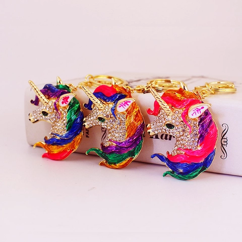 Creative Cartoon Enamel Unicorn Rhinestone Keychain Gold Zinc Alloy Animal Bag Pendant Gold Charm For Women Fashion Accessories Gift