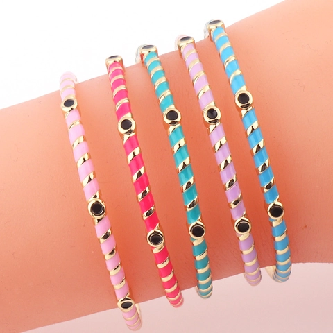 Bracelet Jonc Émail Coloré Plaqué Or 18K Cuivre Bracelet Géométrique Mauvais Œil Zircone Bijoux Pour Femmes Mode