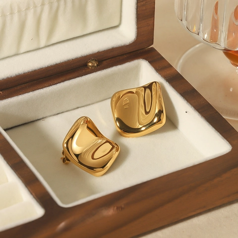 Minimalist Irregular Square Stud Earrings 18K Gold Plated Stainless Steel Wrinkled Textured Polished Jewelry For Women