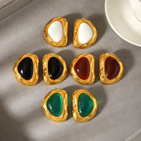 Vintage Irregular Geometric Stud Earrings 18K Gold Plated Stainless Steel Hammered Texture Resin Inlay French Style Women
