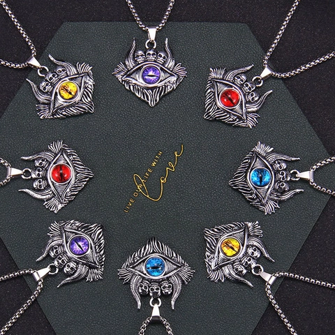 Gothic Evil Eye Pendant Necklace With Stainless Steel Chain Skull Design Punk Jewelry For Men Women