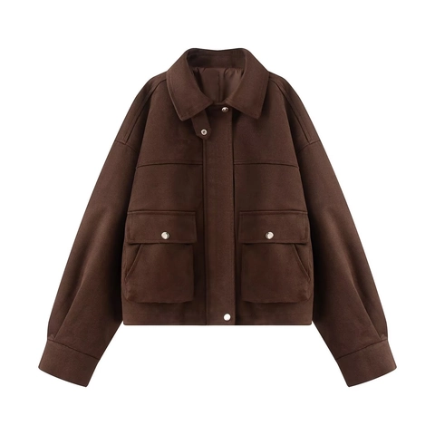 Giacca da Donna Retrò in Pelle Scamosciata Sintetica Cappotto Casual Largo con Revers Manica Lunga con Tasche Autunno Inverno