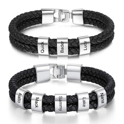 Men's Double Layer Braided Leather Rope Bracelet With Stainless Steel Alloy Beads Fashion Jewelry