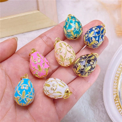 Faberge Style Copper Enamel Egg Pendant Rhinestone Inlaid Russian Easter Egg Charms For Jewelry Making DIY Necklace Accessory
