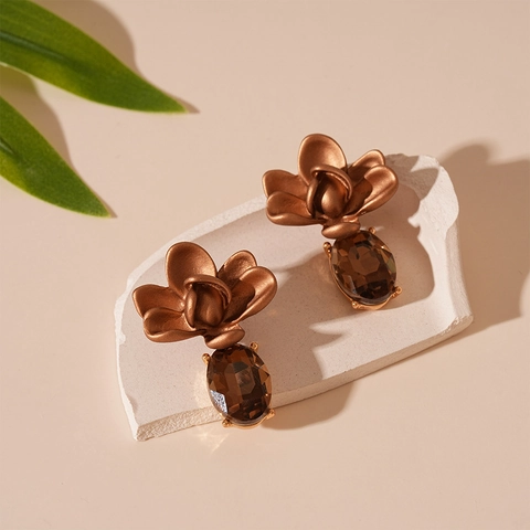 Vintage Blumen Tropfenohrringe Mit Legierung Matte Braun Und Bernstein Zirkon Silber Ohrstecker Retro Für Damen