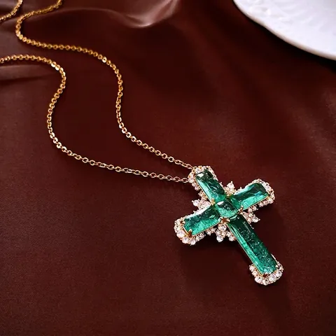 Cross Pendant Necklace Copper Gold Plated With Green Emerald Color Gemstone And White Zircons Vintage Luxury Jewelry For Women