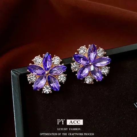 Pendientes De Botón Con Flores Moradas Aleación Cristal Con Poste De Plata Estilo Francés Vintage Elegante Joyería Mujer
