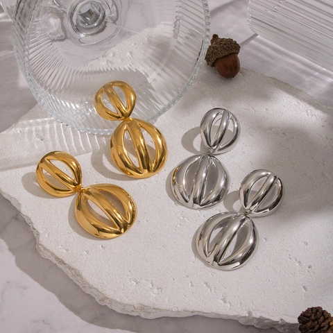 Boucles D'oreilles Pendantes Géométriques Creuses Double Sphère Acier Inoxydable 304 Imperméable Moderne Pour Femmes
