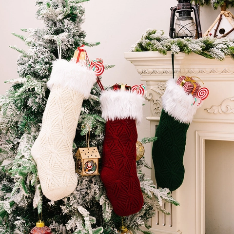 Calze Di Natale In Maglia Con Polsino In Pelliccia Sintetica Trecce Appendere Decorazioni Festive Per Sacchetto Regalo Caramelle