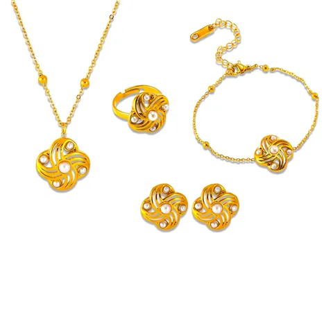 Stainless Steel Artificial Pearl Windmill Jewelry Set Vintage 18K Gold Plated Necklace Bracelet Earrings Ring For Women