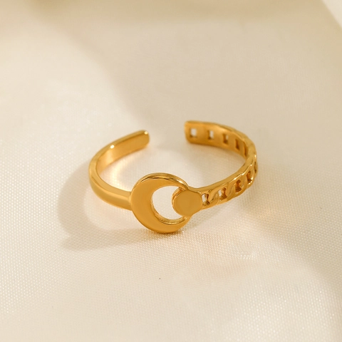 Anillo Abierto De Luna Geométrica De Acero Inoxidable Ajustable Chapado En Oro Textura De Cadena Joyería Para Mujeres