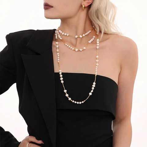 Collier Long en Perles d'Eau Douce Style Français pour Femmes Acier Inoxydable Plaqué Or Bijoux Élégants Cadeau