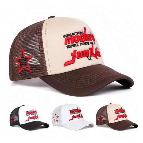 Cappello Trucker Retro In Maglia Cotone Traspirante Ricamo 3D Lettera Stella Vintage Streetwear Regolabile Parasole