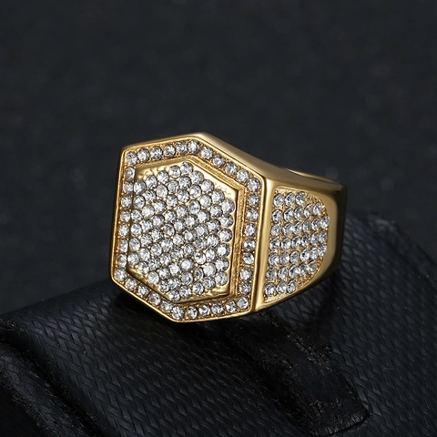 Anello da Uomo in Acciaio Inossidabile Hip Hop Lussuoso Con Strass Esagonale Sigillo Oro Acciaio Gioielli di Moda